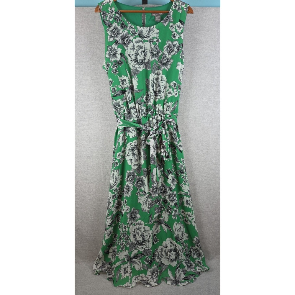 Kate & Mallory Dress XL Green Rose Floral Belted Midi Cottagecore Preppy Career